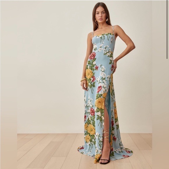 Reformation Ingrid Blue Florist Floral Print Sleeveless Slit Maxi Dress, 8 0854 - Picture 2 of 8